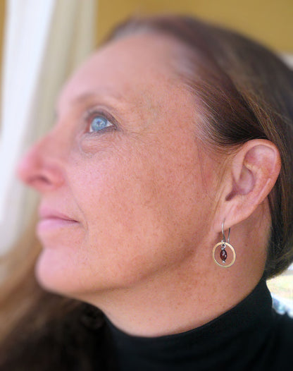 Rouge Collection Dangle Earrings - Handmade. Garnet. Mixed Metals. Oxidized Sterling silver & 14 kt Goldfill birthstone Earri