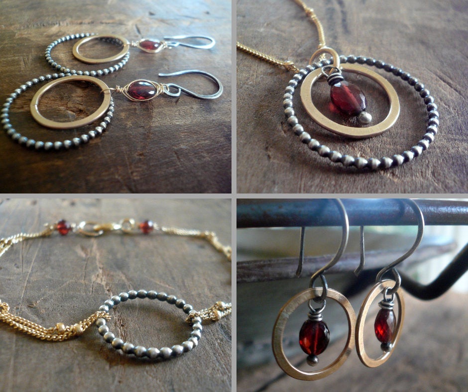 Rouge Collection Bracelet- Oxidized sterling silver. 14kt Goldfill. Mixed Metals. Garnet. Handmade