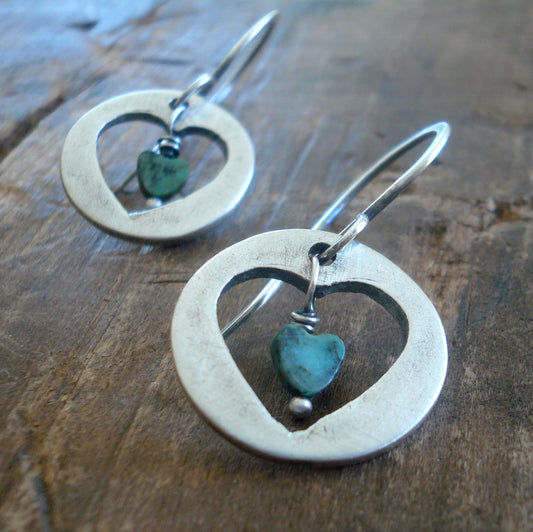 LAST PAIR Anseta Earrings - Handmade. Turquoise. Oxidized Fine and sterling silver dangle ea