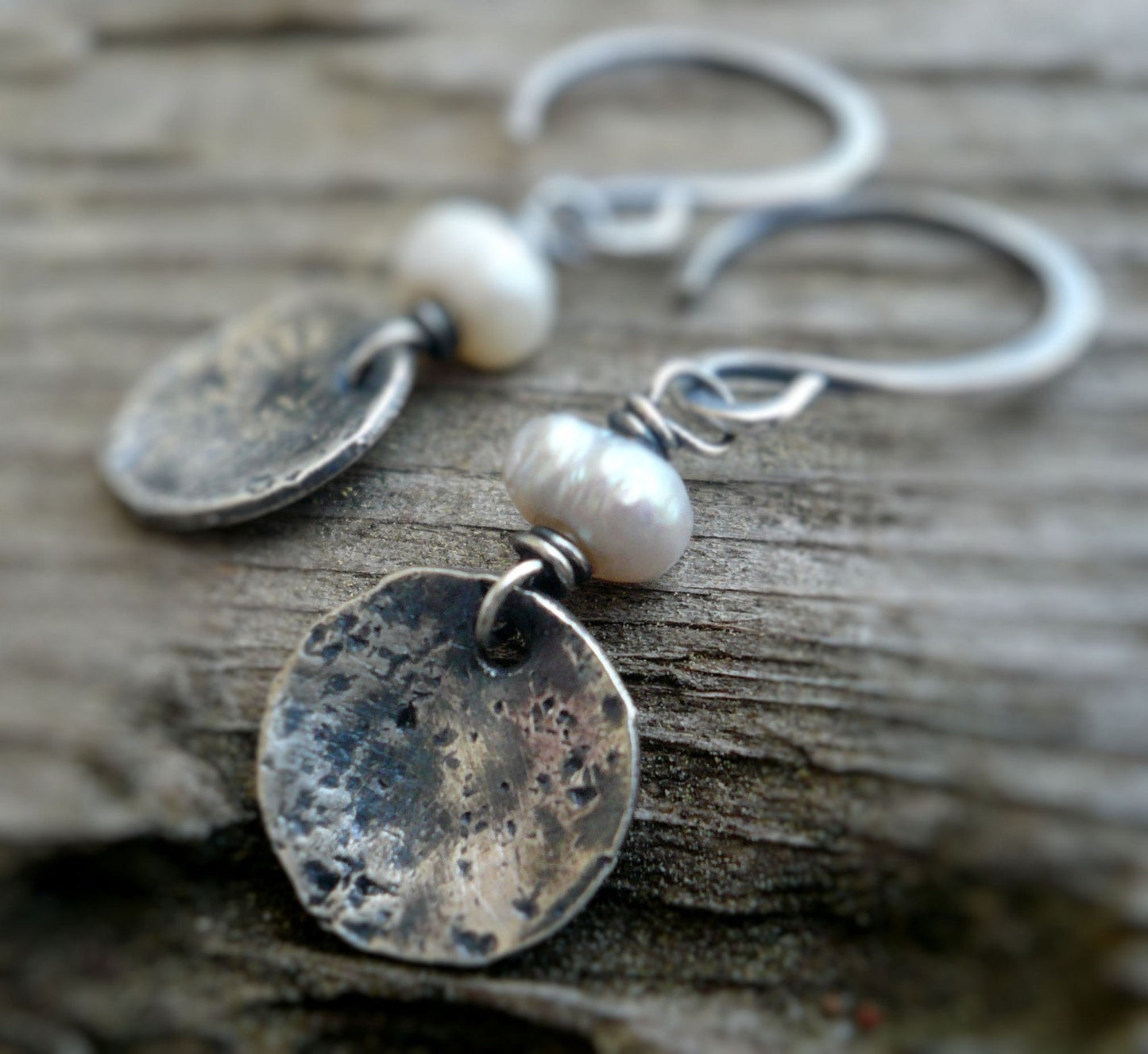 Overcast Earrings - Handmade. Freshwater Pearls. Oxidized, Textured Sterling Silver Dangle Earrings