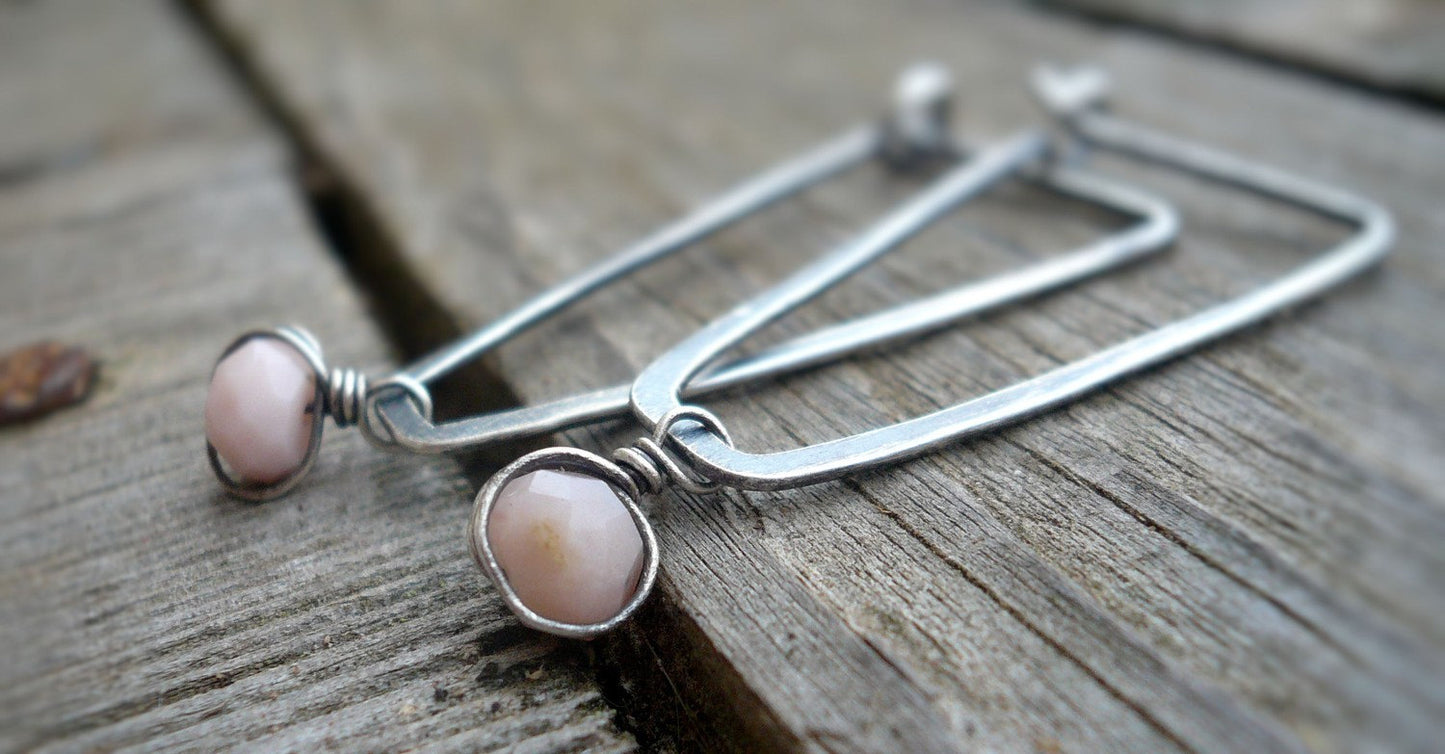 Birthstone Earrings- October. Pink Opal. Oxidized Sterling Silver Hoops