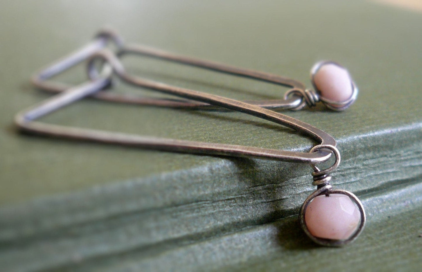 Birthstone Earrings- October. Pink Opal. Oxidized Sterling Silver Hoops