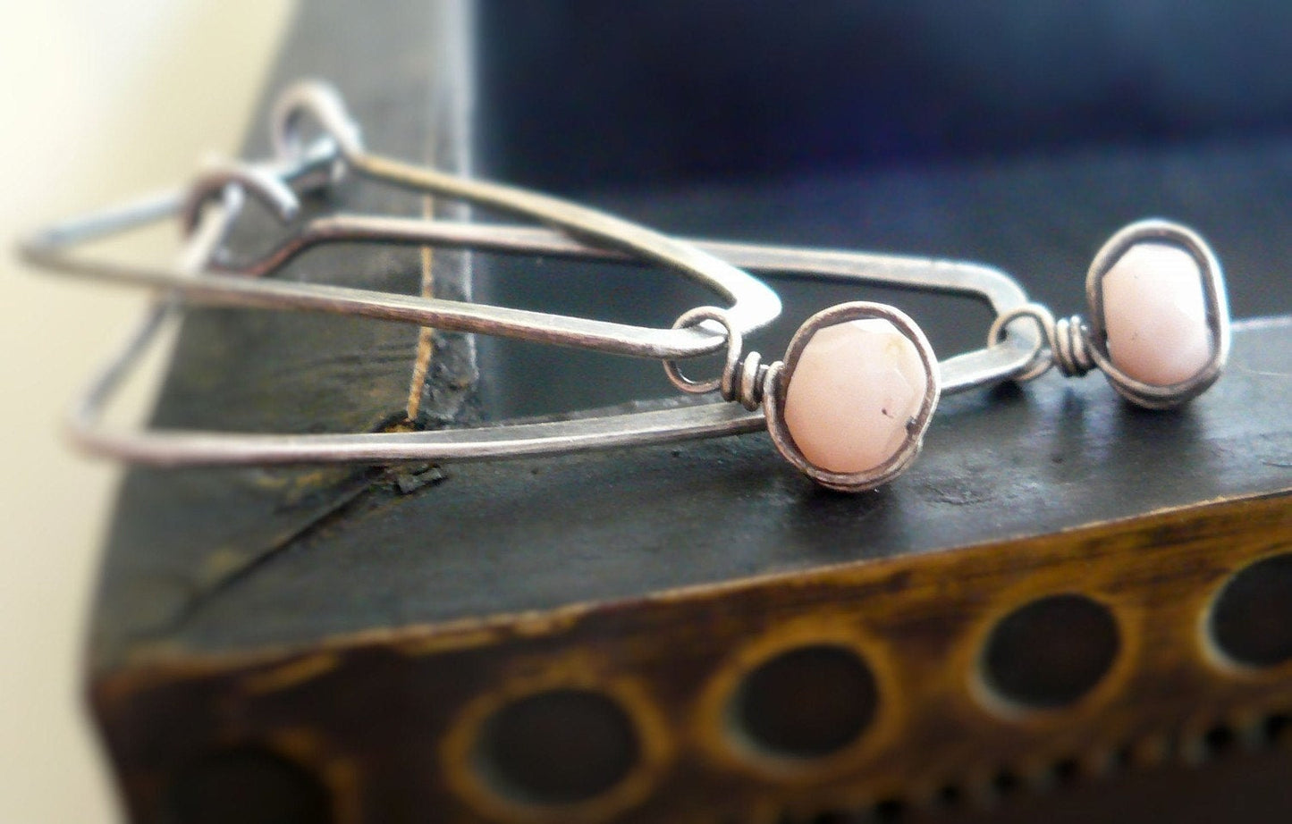 Birthstone Earrings- October. Pink Opal. Oxidized Sterling Silver Hoops