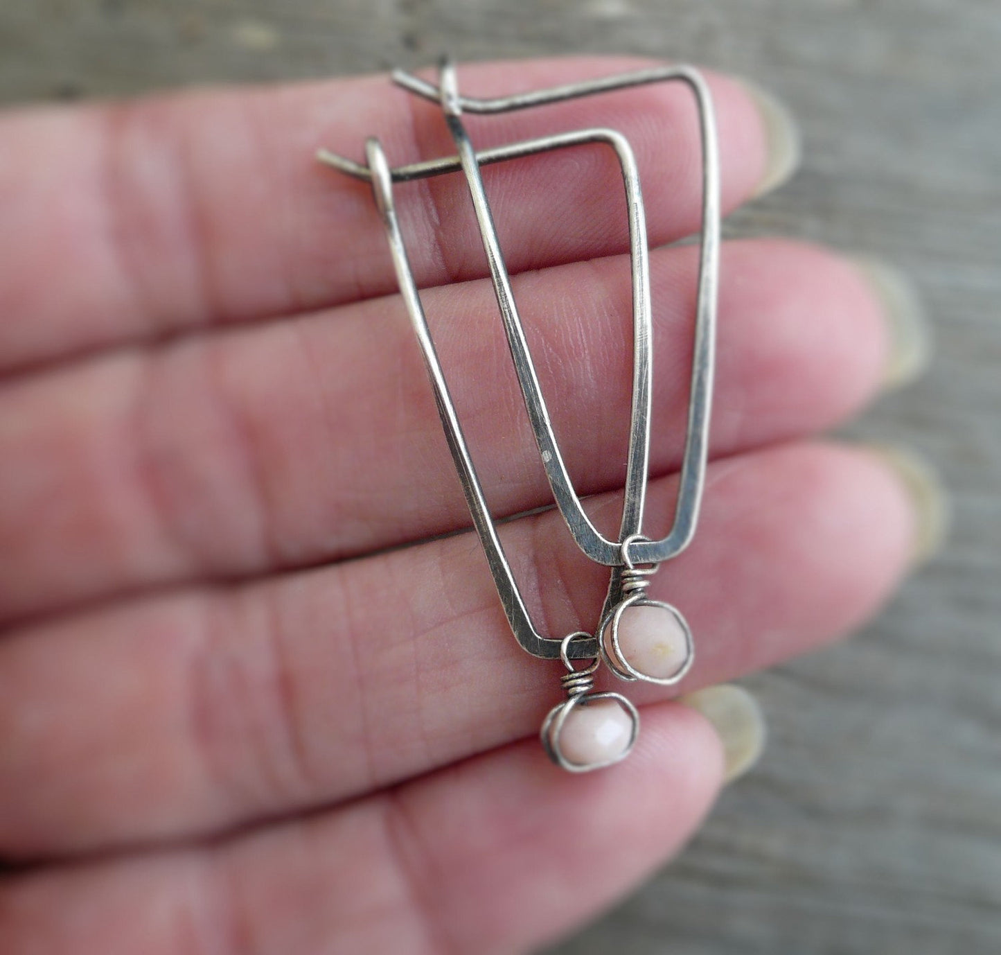 Birthstone Earrings- October. Pink Opal. Oxidized Sterling Silver Hoops
