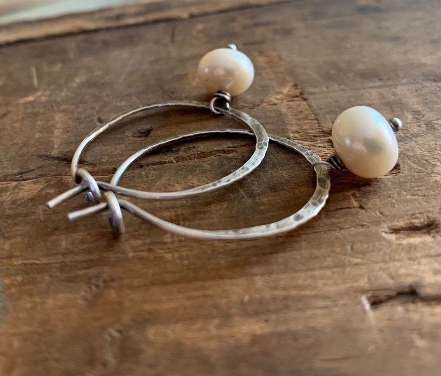 Mangly Hoops with Pearls - Choice of 6 sizes. Handmade. Hammered. Sterling silver oxidized hoops. White freshwater pearls.