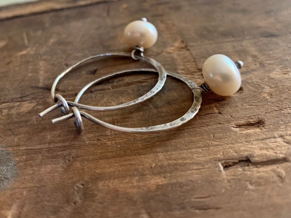 Mangly Hoops with Pearls - Choice of 6 sizes. Handmade. Hammered. Sterling silver oxidized hoops. White freshwater pearls.