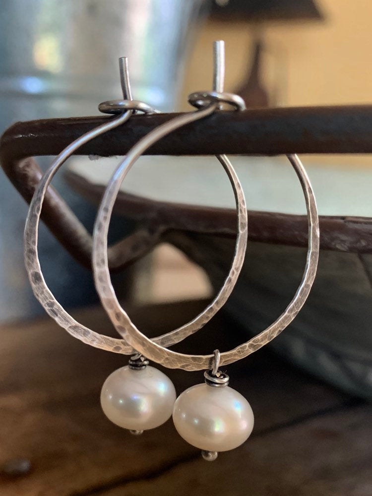 Mangly Hoops with Pearls - Choice of 6 sizes. Handmade. Hammered. Sterling silver oxidized hoops. White freshwater pearls.