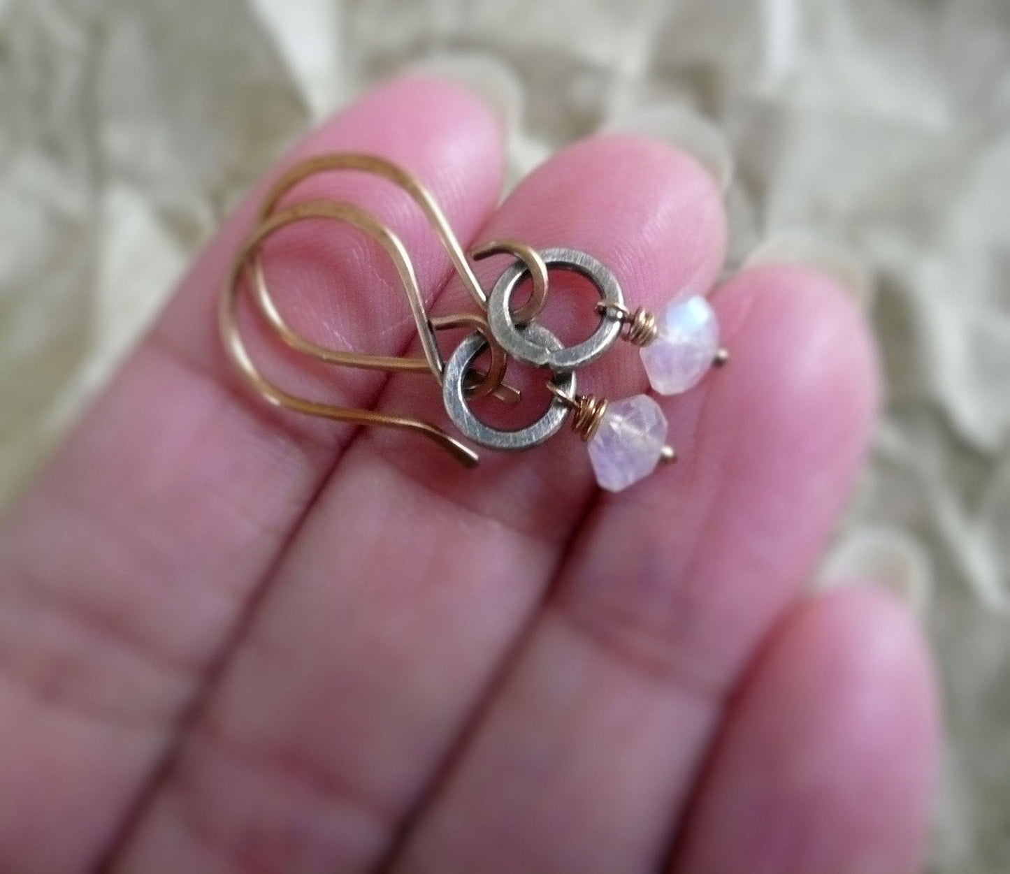 Twinkle Earrings Wonderland Collection - Handmade. Moonstone. 14kt Goldfill. Oxidized Sterling Silver
