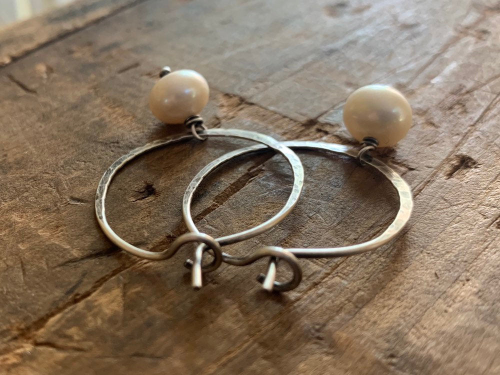 Mangly Hoops with Pearls - Choice of 6 sizes. Handmade. Hammered. Sterling silver oxidized hoops. White freshwater pearls.