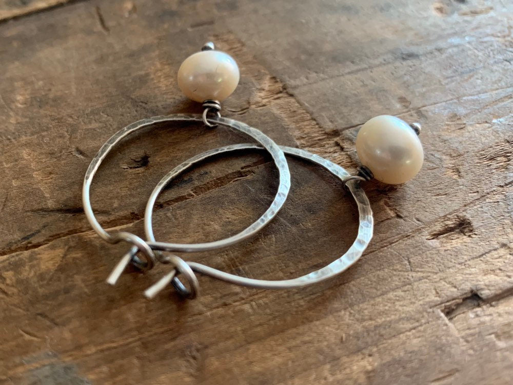 Mangly Hoops with Pearls - Choice of 6 sizes. Handmade. Hammered. Sterling silver oxidized hoops. White freshwater pearls.