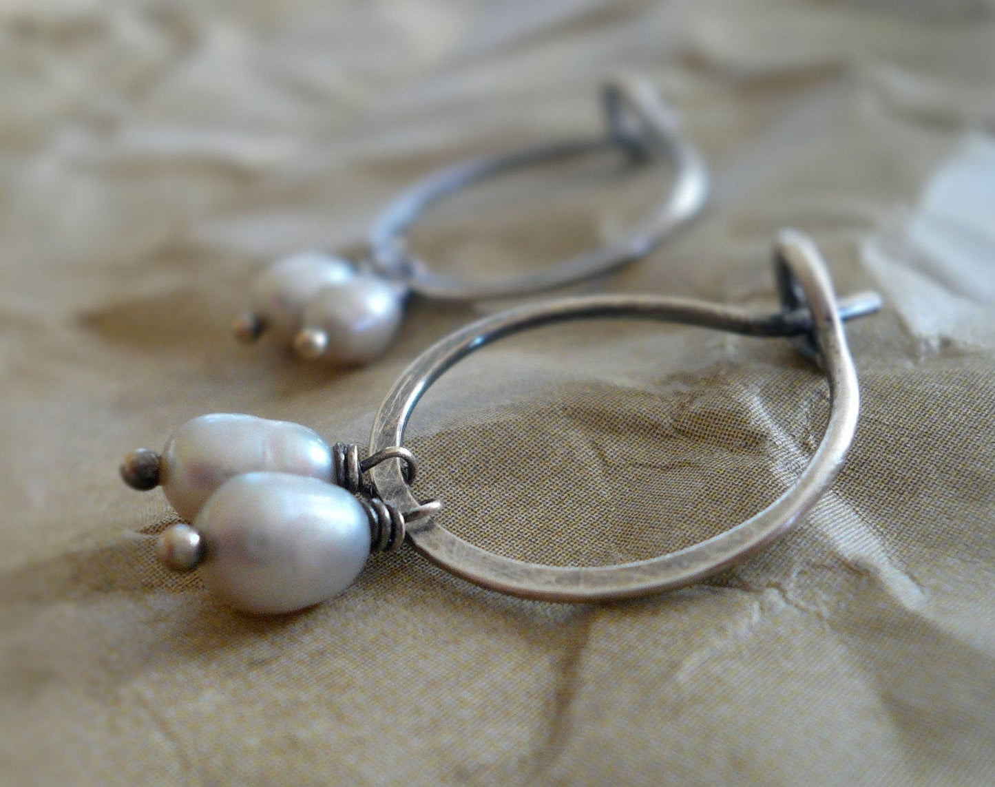 Harmony Hoops. Handmade. Oxidized & polished Sterling Silver. Pearls