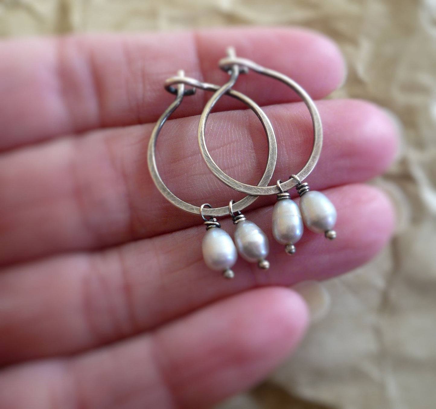 Harmony Hoops. Handmade. Oxidized & polished Sterling Silver. Pearls