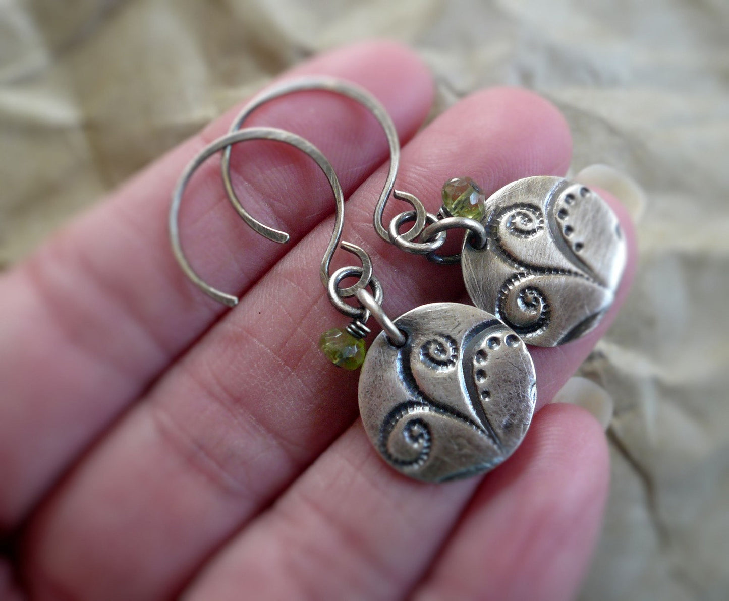 Frond Earrings Flourish Collection - Handmade. Peridot. Oxidized fine and sterling silver