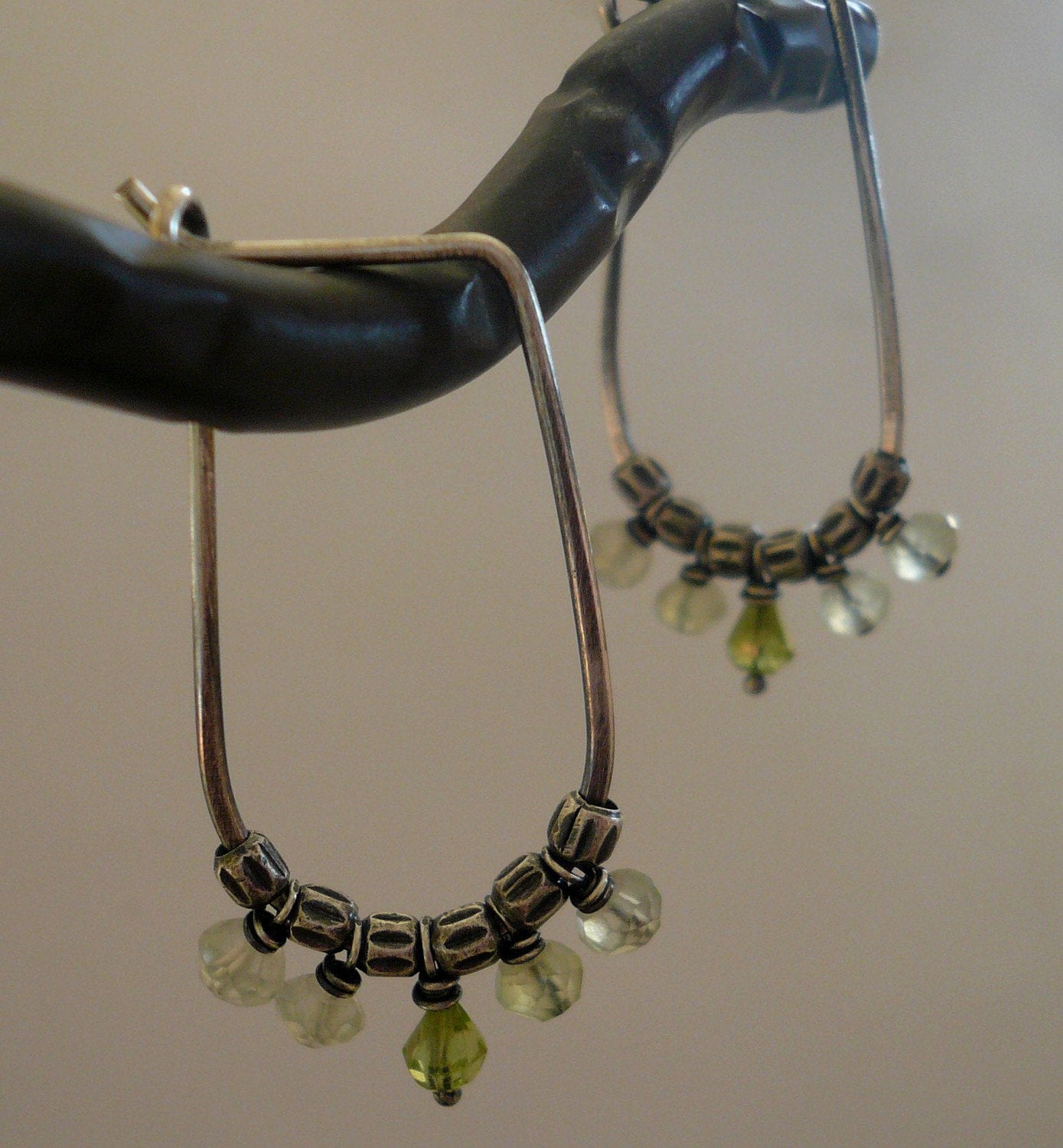 Petiole Earrings - Handmade. Peridot. Prehnite. Oxidized sterling silver Hoops