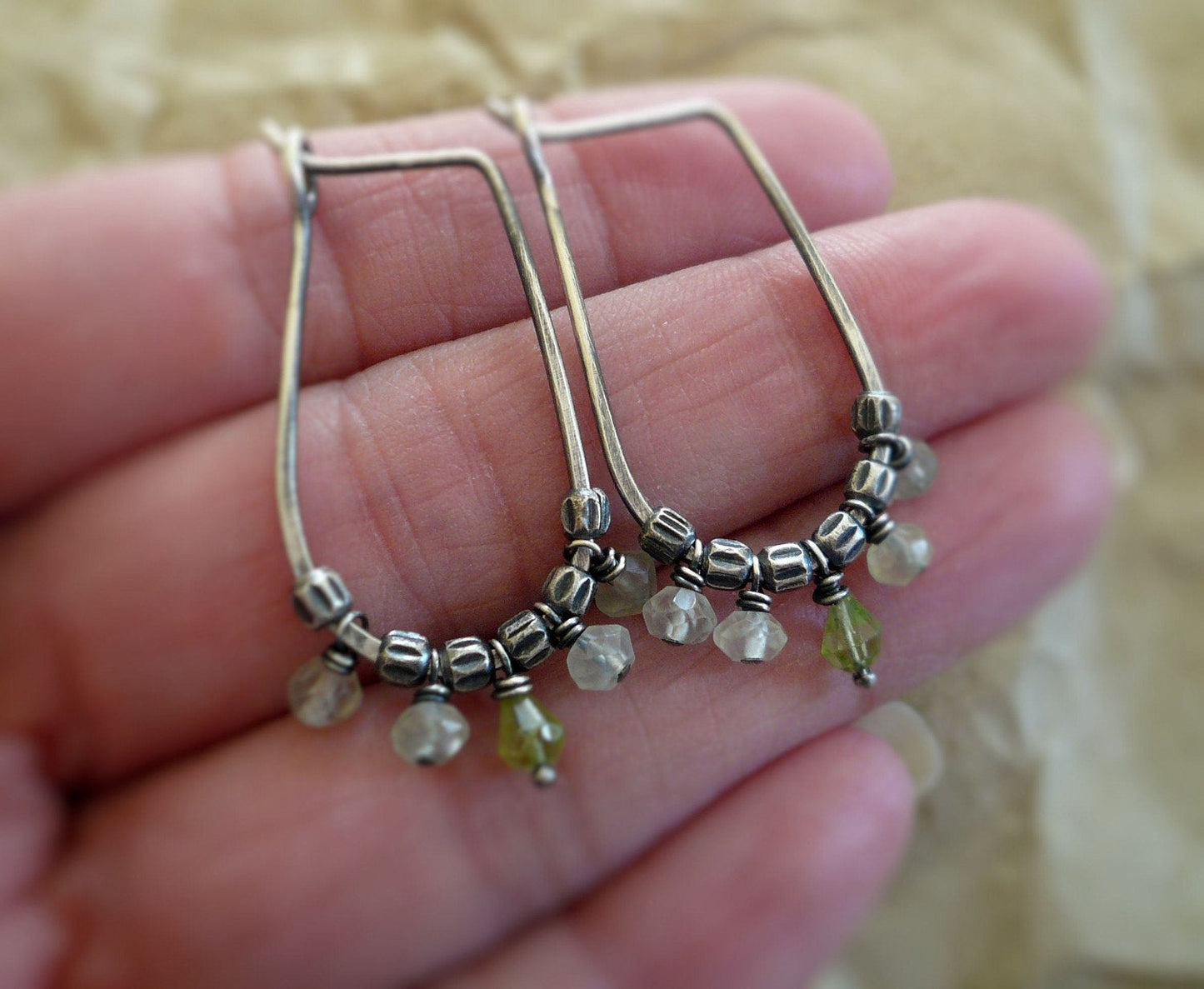 Petiole Earrings - Handmade. Peridot. Prehnite. Oxidized sterling silver Hoops