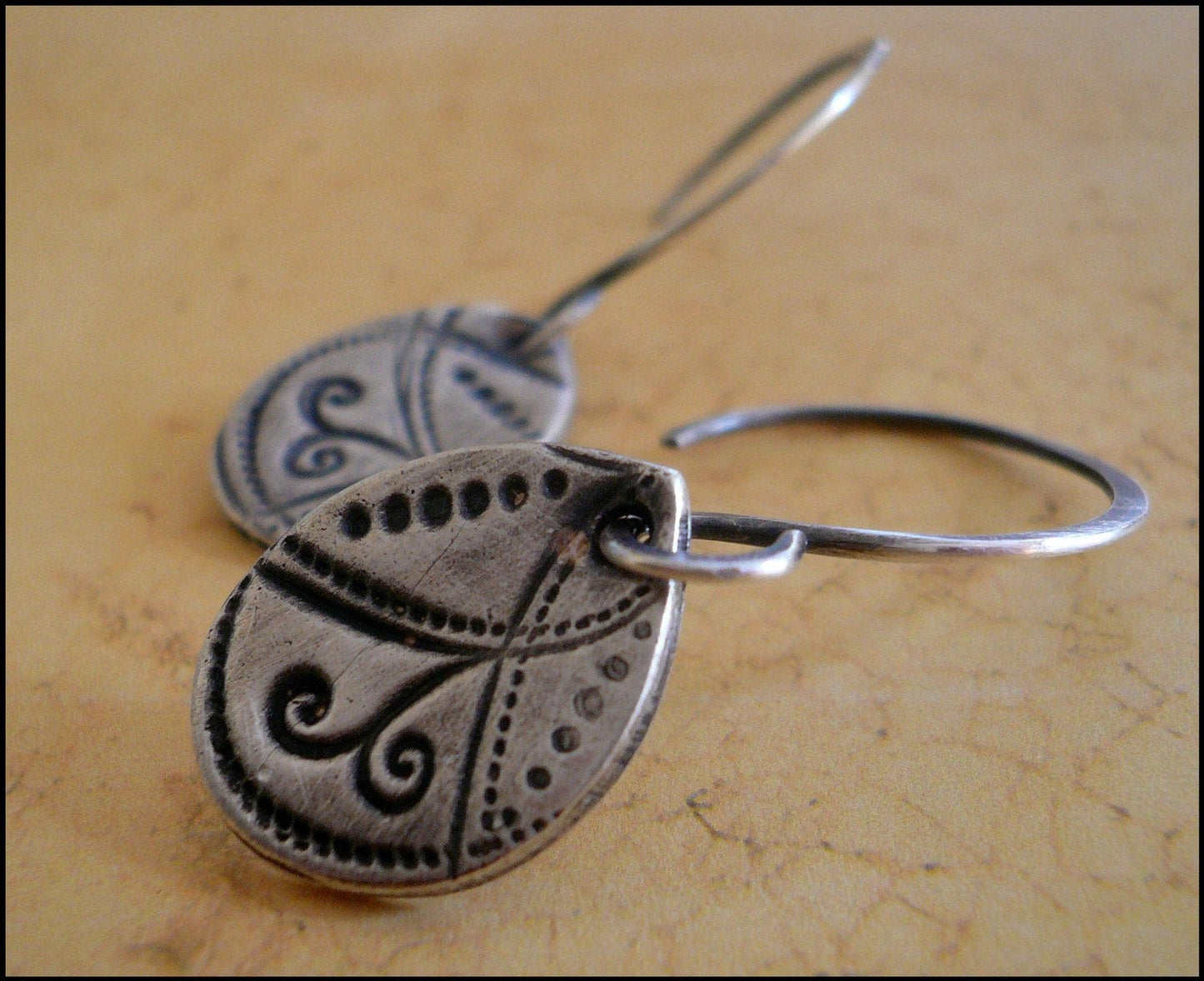 Petal Earrings Flourish Collection - Handmade. Oxidized fine and sterling silver dangle earrings