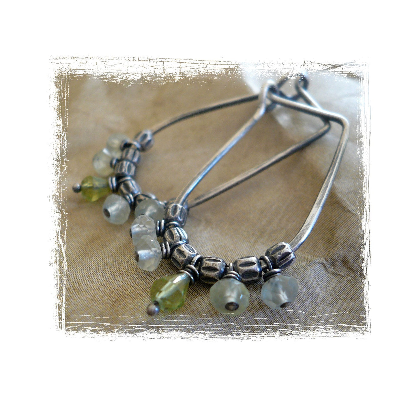 Petiole Earrings - Handmade. Peridot. Prehnite. Oxidized sterling silver Hoops