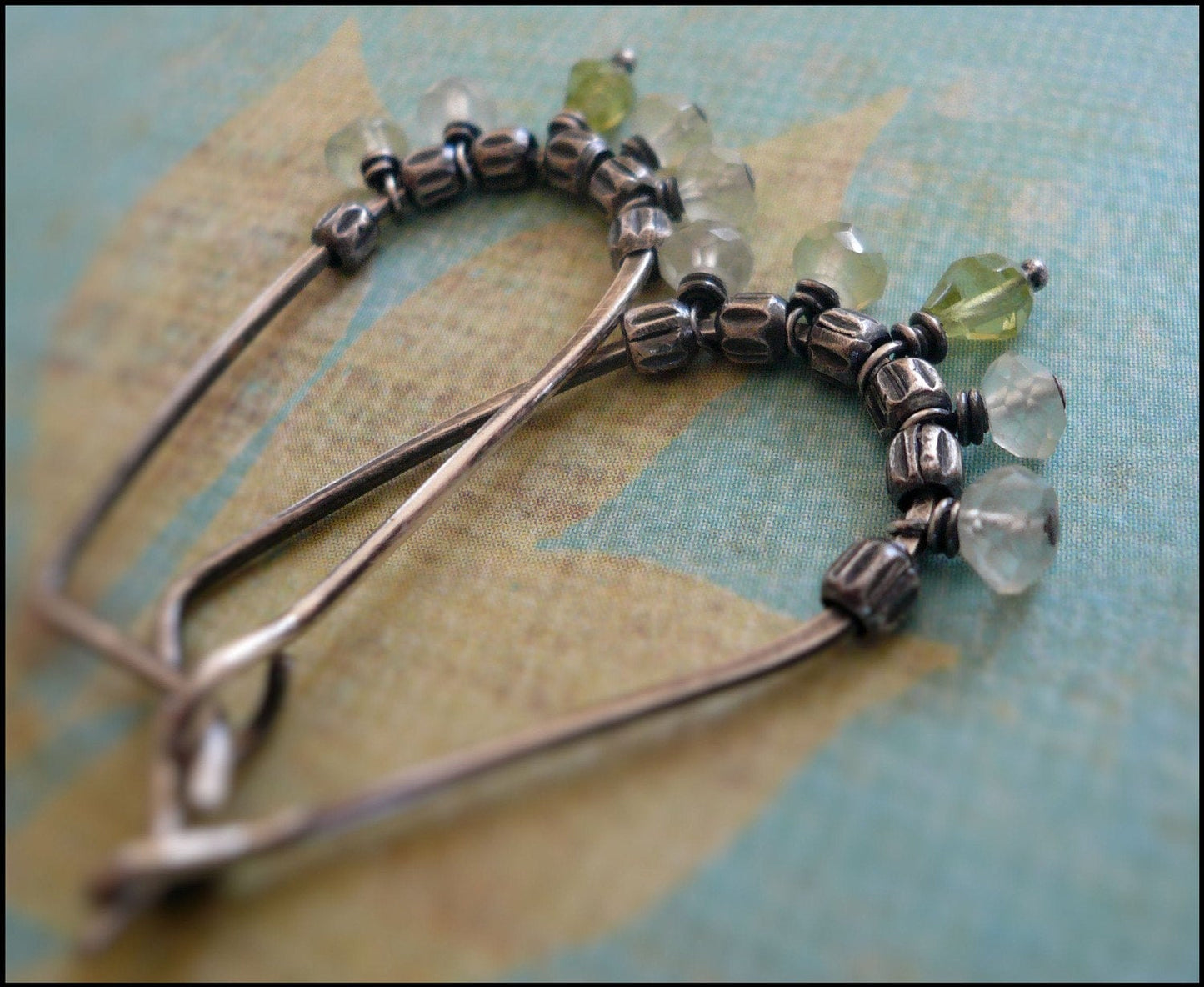 Petiole Earrings - Handmade. Peridot. Prehnite. Oxidized sterling silver Hoops