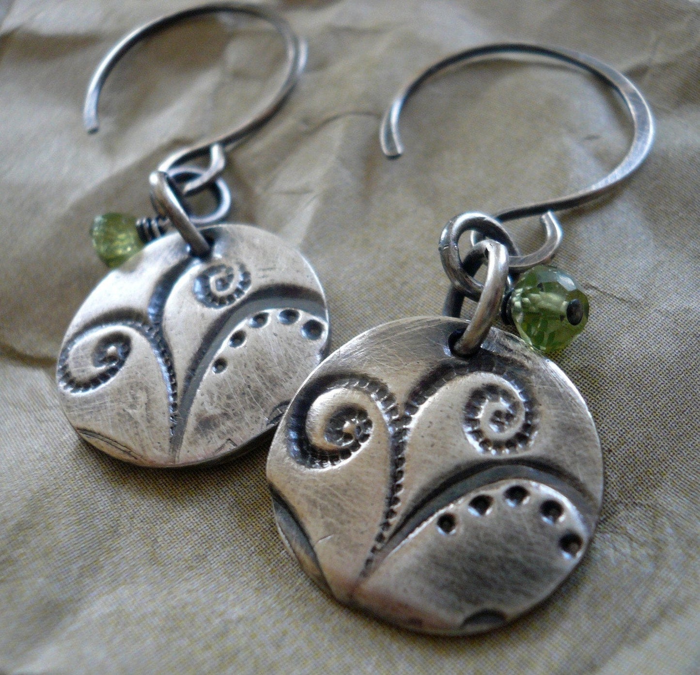 Frond Earrings Flourish Collection - Handmade. Peridot. Oxidized fine and sterling silver