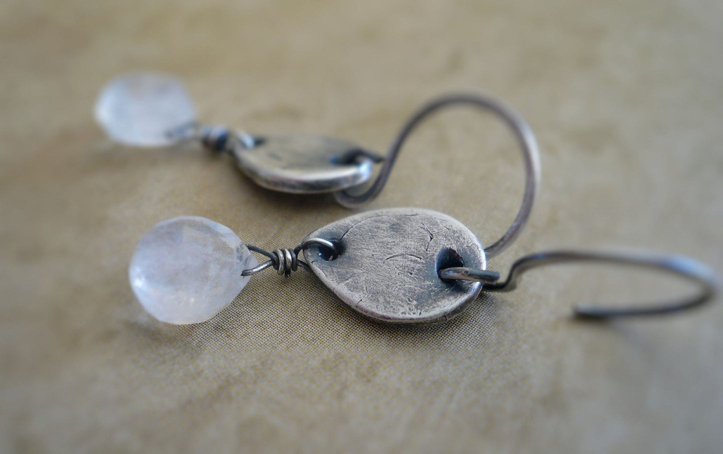 Moon Blush Earrings. Handmade. Moonstone. Oxidized fine and sterling silver