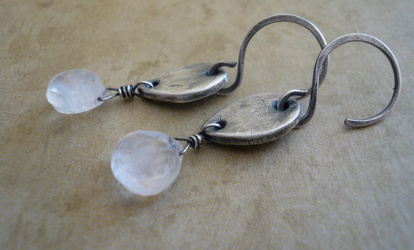 Moon Blush Earrings. Handmade. Moonstone. Oxidized fine and sterling silver