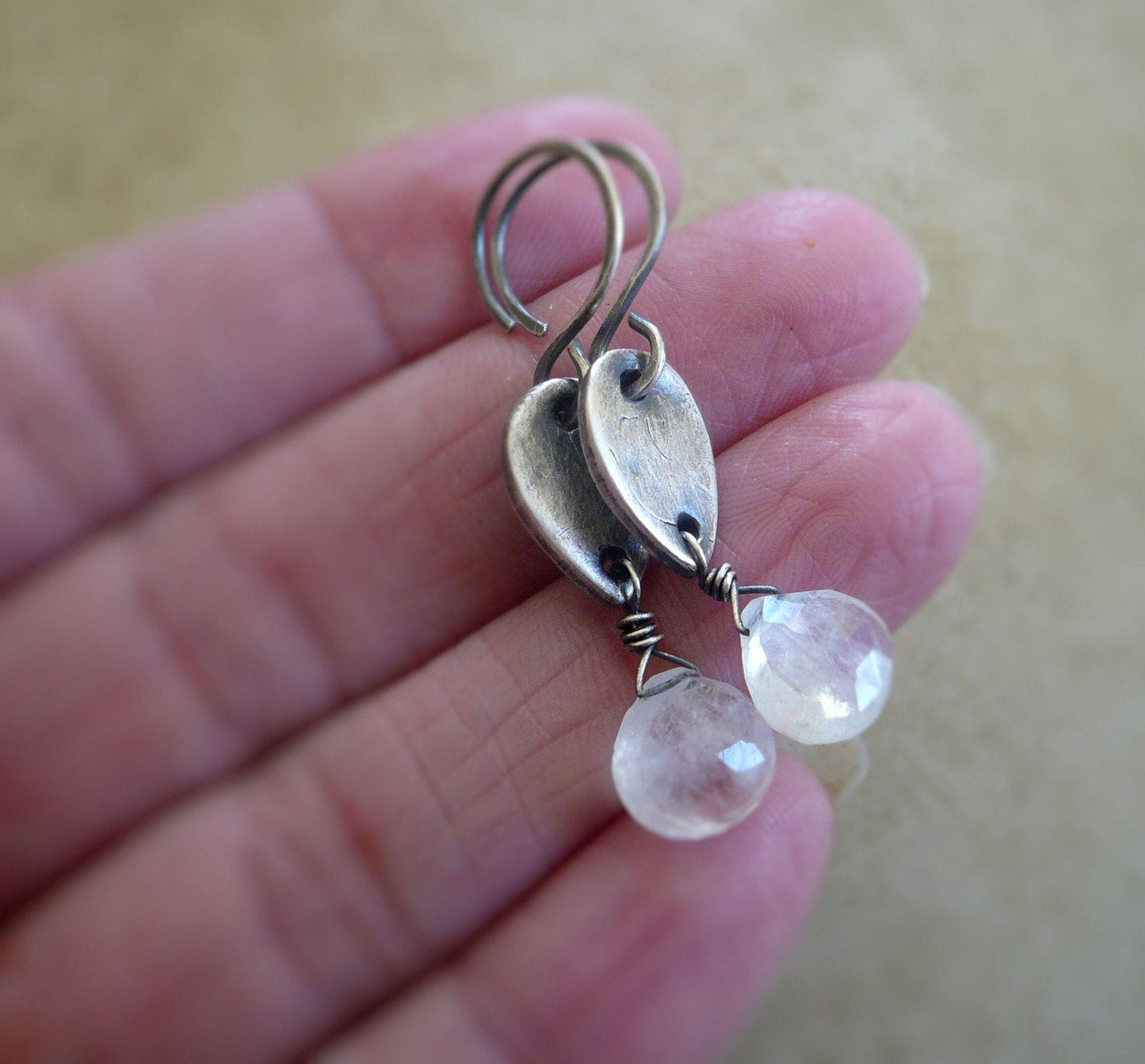 Moon Blush Earrings. Handmade. Moonstone. Oxidized fine and sterling silver