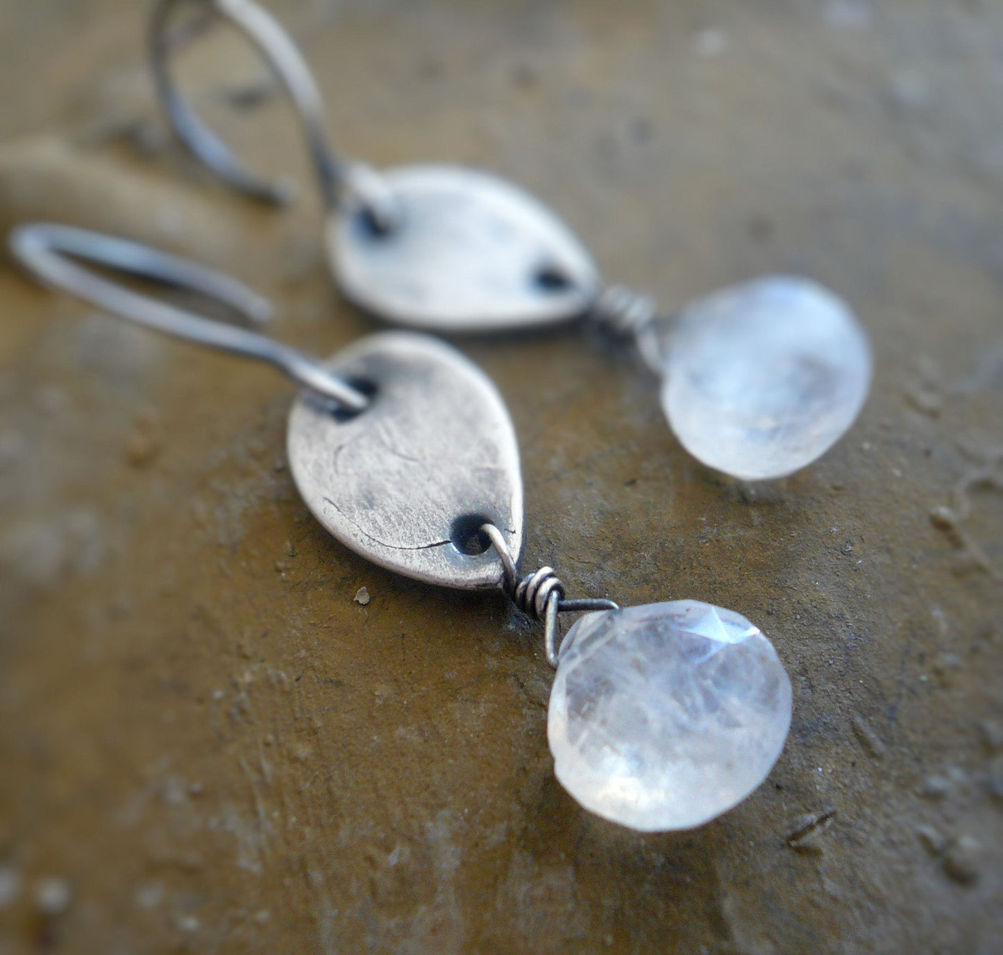 Moon Blush Earrings. Handmade. Moonstone. Oxidized fine and sterling silver