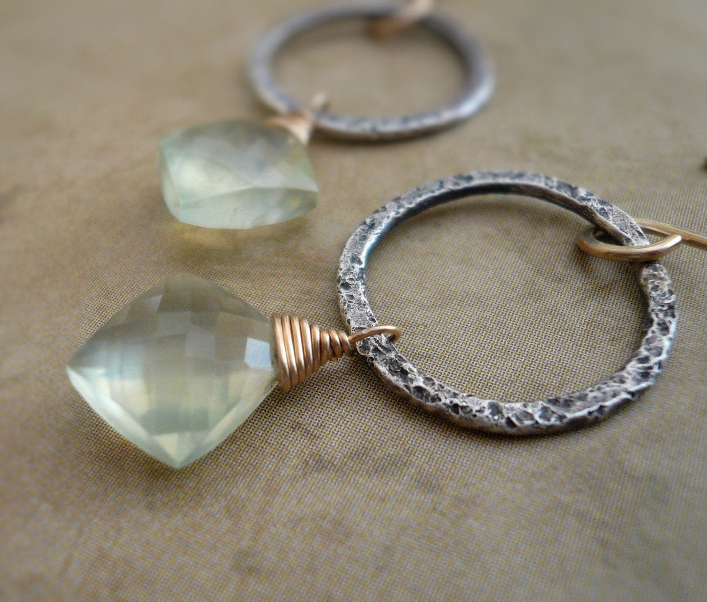 Dichotomy Earrings. Handmade. Prehnite. Textured and oxidized Sterling Silver. 14kt Goldfill