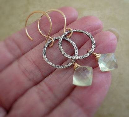 Dichotomy Earrings. Handmade. Prehnite. Textured and oxidized Sterling Silver. 14kt Goldfill