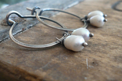 Harmony Hoops. Handmade. Oxidized & polished Sterling Silver. Pearls