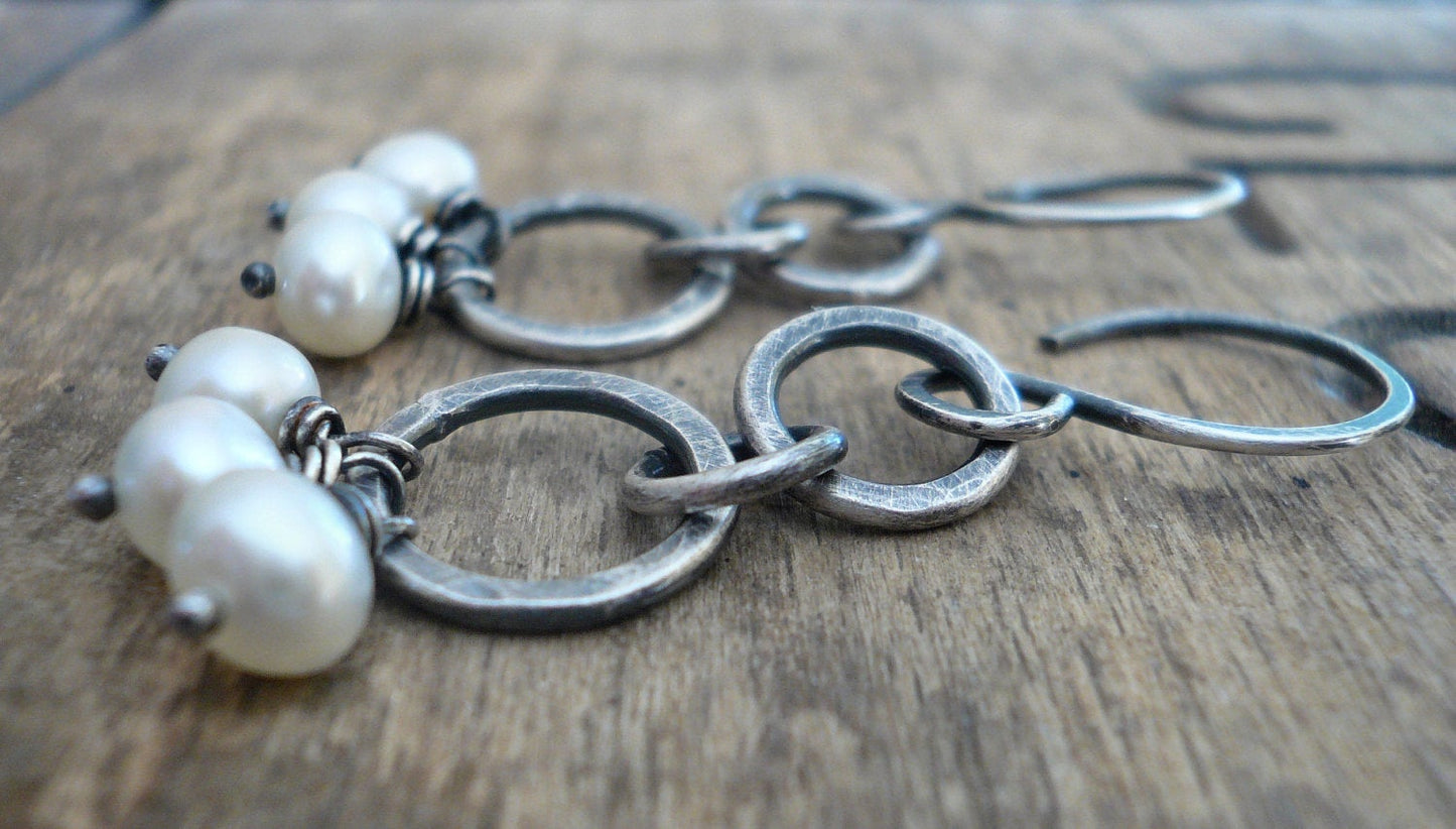 Trinity Earrings. Handmade. Freshwater pearls. Oxidized, hammered sterling silver