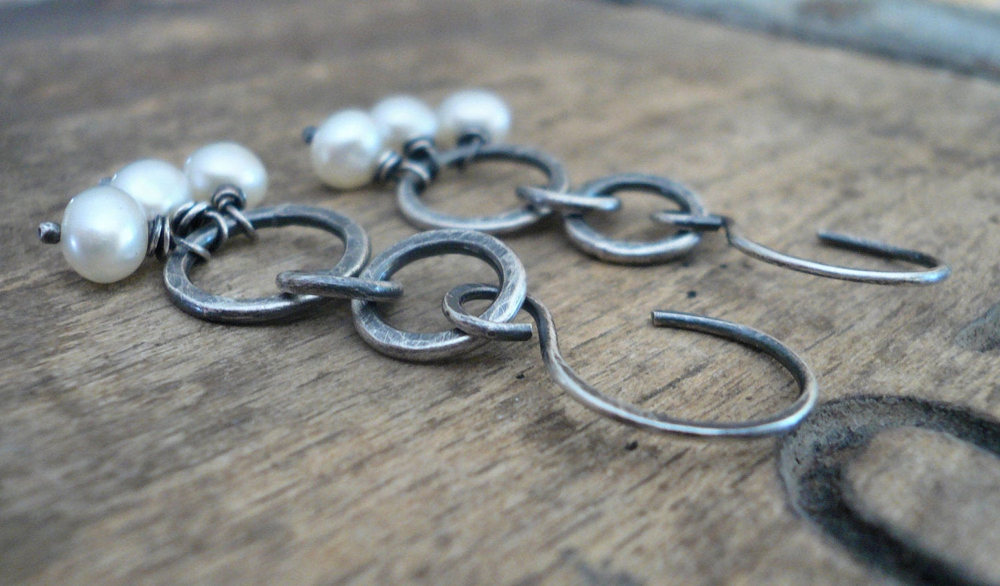 Trinity Earrings. Handmade. Freshwater pearls. Oxidized, hammered sterling silver