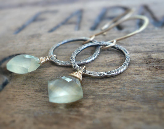 Dichotomy Earrings. Handmade. Prehnite. Textured and oxidized Sterling Silver. 14kt Goldfill