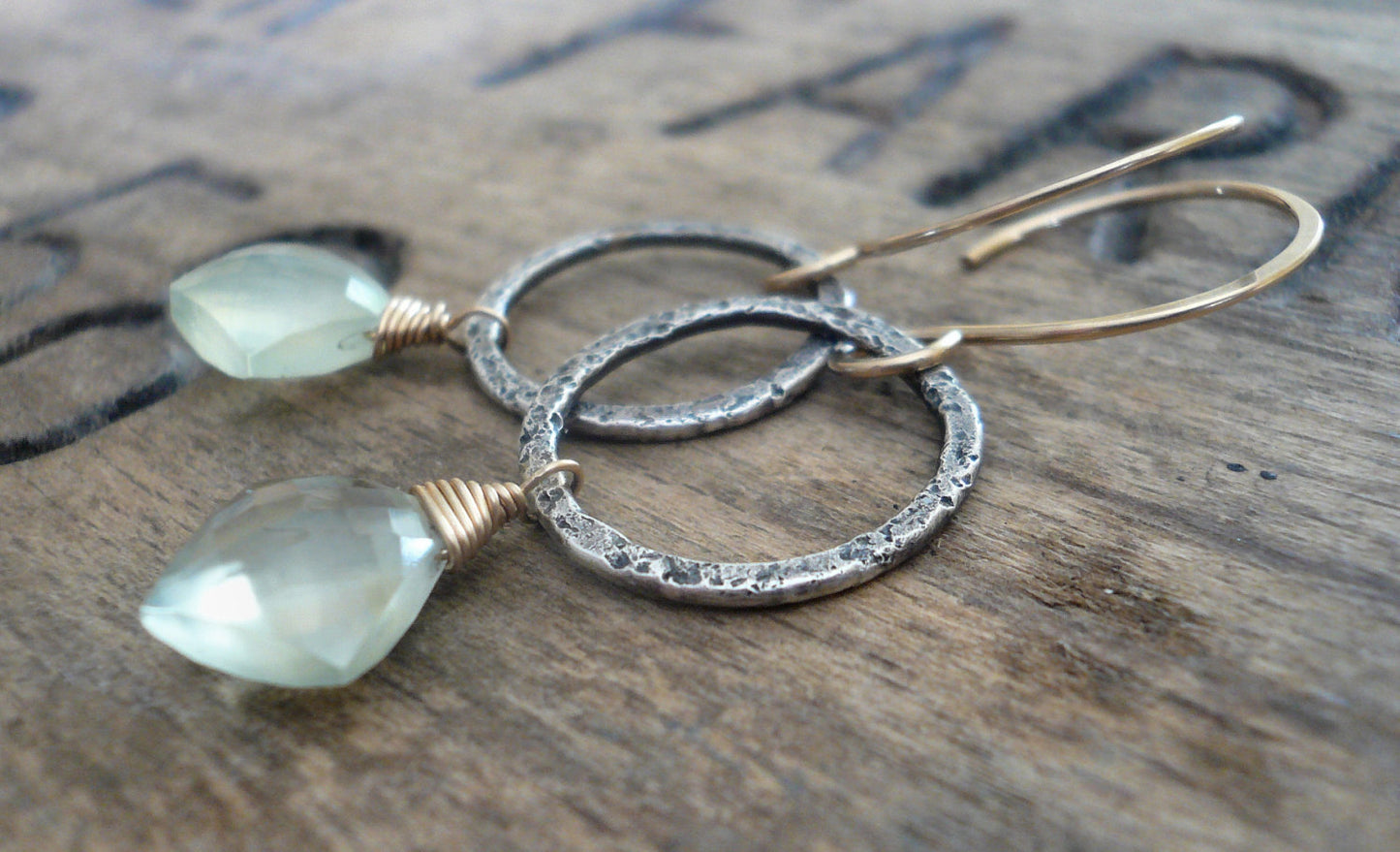 Dichotomy Earrings. Handmade. Prehnite. Textured and oxidized Sterling Silver. 14kt Goldfill