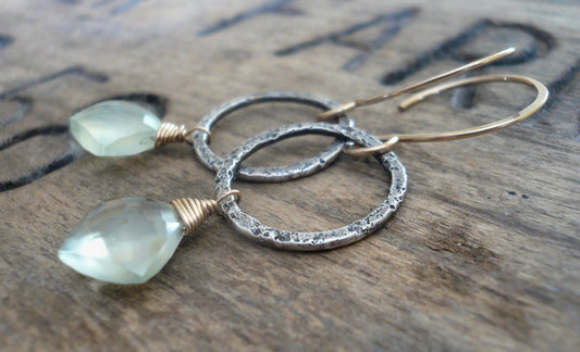 Dichotomy Earrings. Handmade. Prehnite. Textured and oxidized Sterling Silver. 14kt Goldfill
