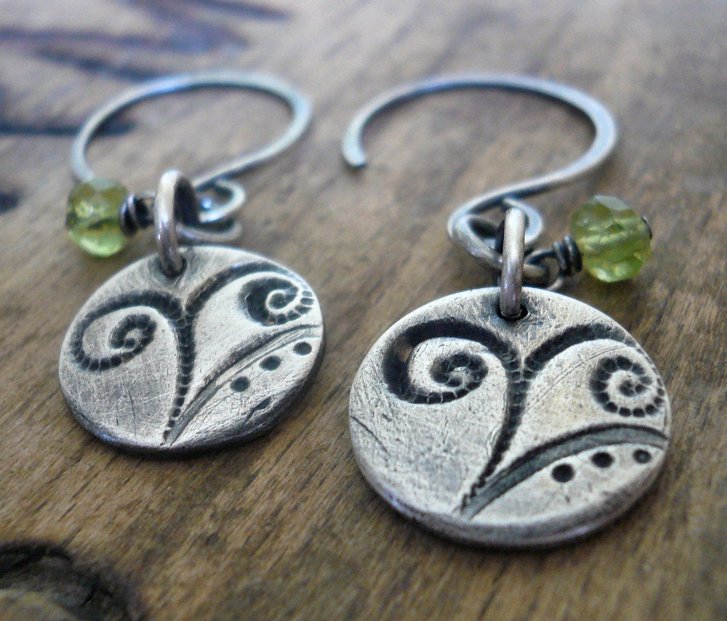 Frond Earrings Flourish Collection - Handmade. Peridot. Oxidized fine and sterling silver