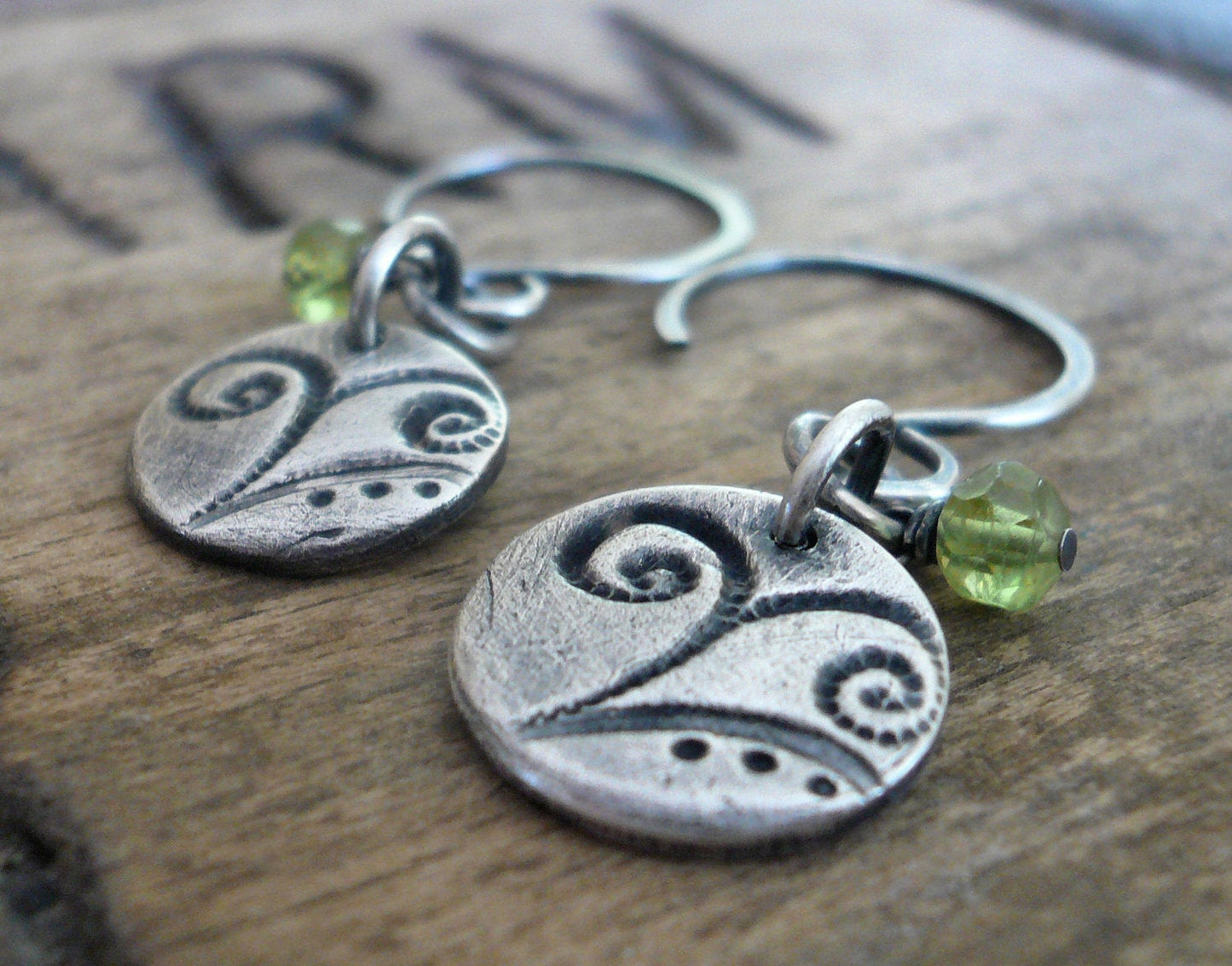 Frond Earrings Flourish Collection - Handmade. Peridot. Oxidized fine and sterling silver