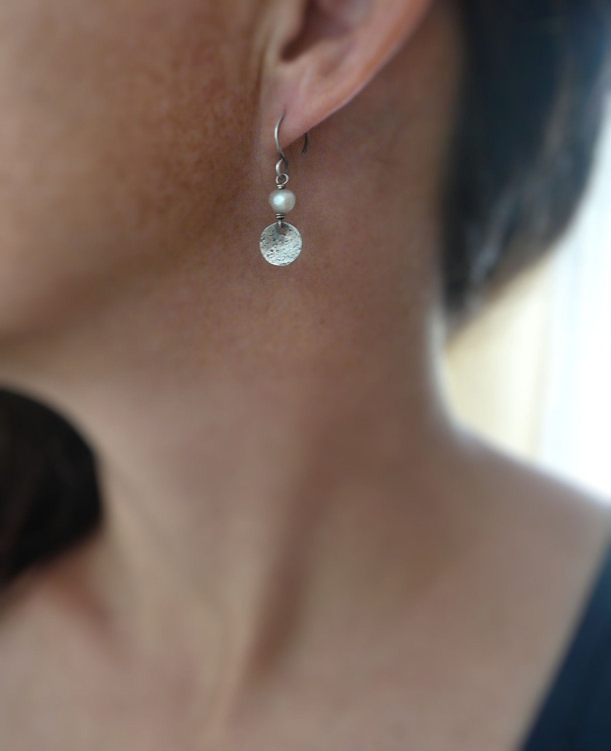 Overcast Earrings - Handmade. Freshwater Pearls. Oxidized, Textured Sterling Silver Dangle Earrings