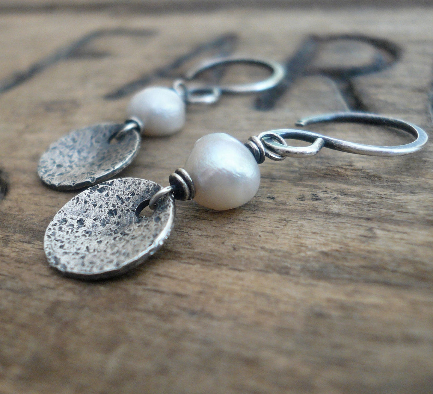 Overcast Earrings - Handmade. Freshwater Pearls. Oxidized, Textured Sterling Silver Dangle Earrings