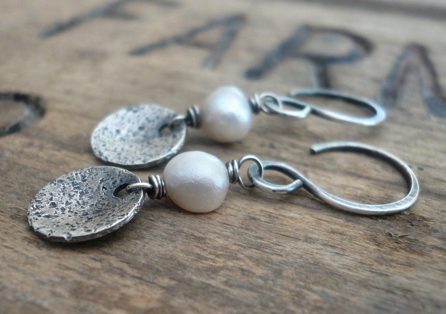 Overcast Earrings - Handmade. Freshwater Pearls. Oxidized, Textured Sterling Silver Dangle Earrings