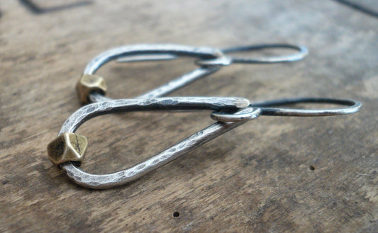 Cosset Earrings - Handmade. Brass. Oxidized, Hammered Sterling Silver Dangle Earrings