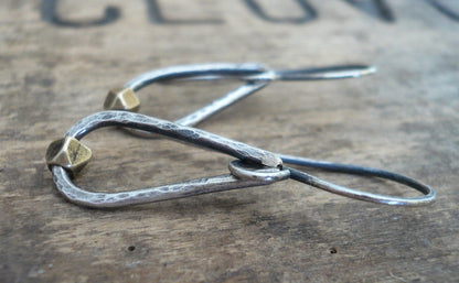 Cosset Earrings - Handmade. Brass. Oxidized, Hammered Sterling Silver Dangle Earrings