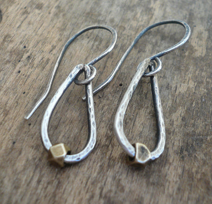 Cosset Earrings - Handmade. Brass. Oxidized, Hammered Sterling Silver Dangle Earrings