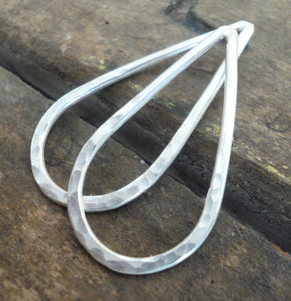 Large Hammered Handforged Sterling Silver Tear Drops - Handmade. Hand forged. 27mm. 1 pair