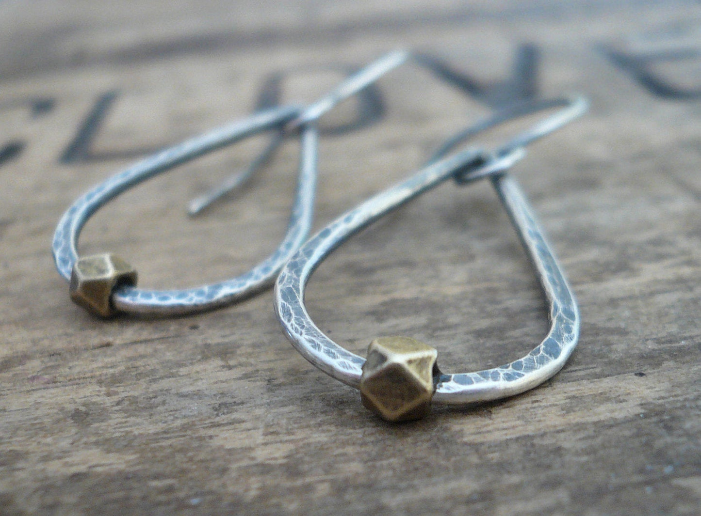 Large Cosset Earrings - Handmade. Brass. Oxidized, Hammered Sterling Silver