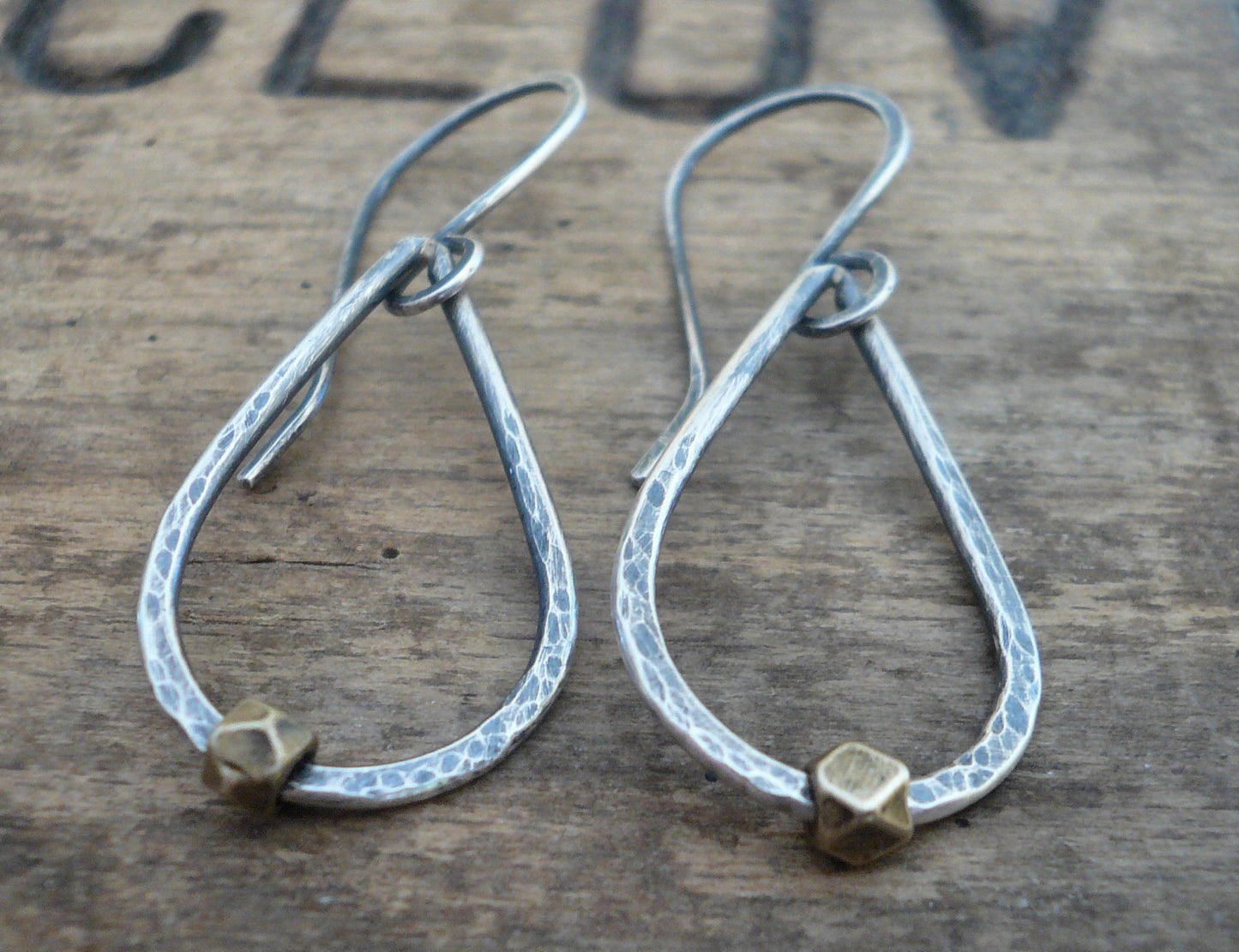 Large Cosset Earrings - Handmade. Brass. Oxidized, Hammered Sterling Silver