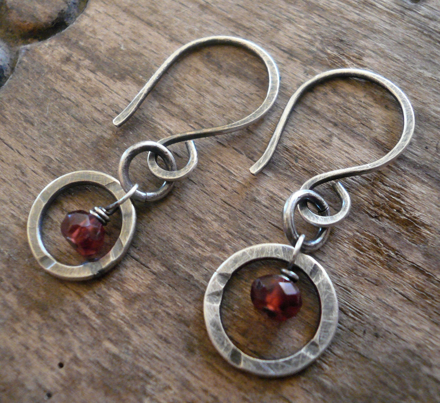 Halo Earrings - Handmade. Gemstones. Oxidized, Hammered Sterling Silver