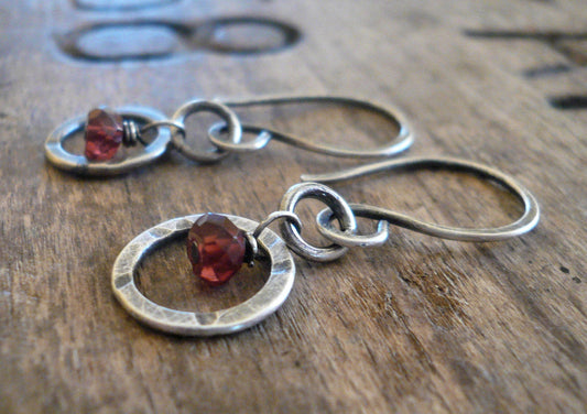 Halo Earrings - Handmade. Gemstones. Oxidized, Hammered Sterling Silver