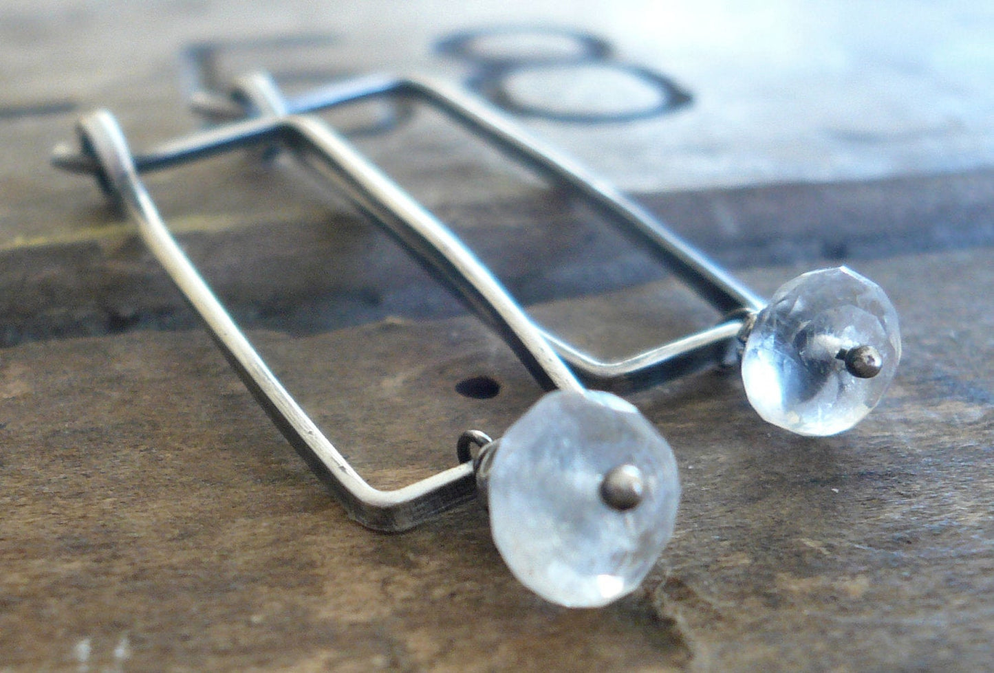 Elemental Earrings - Handmade. Moonstone. Oxidized Sterling Silver Rectangular Hoops
