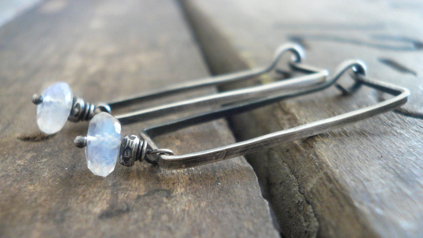 Elemental Earrings - Handmade. Moonstone. Oxidized Sterling Silver Rectangular Hoops